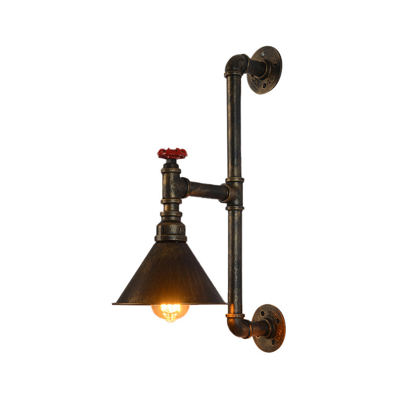 Rustic Industrial Plumbing Pipe Wall Lamp With Valve Decoration - 1 Light Metal Lighting In