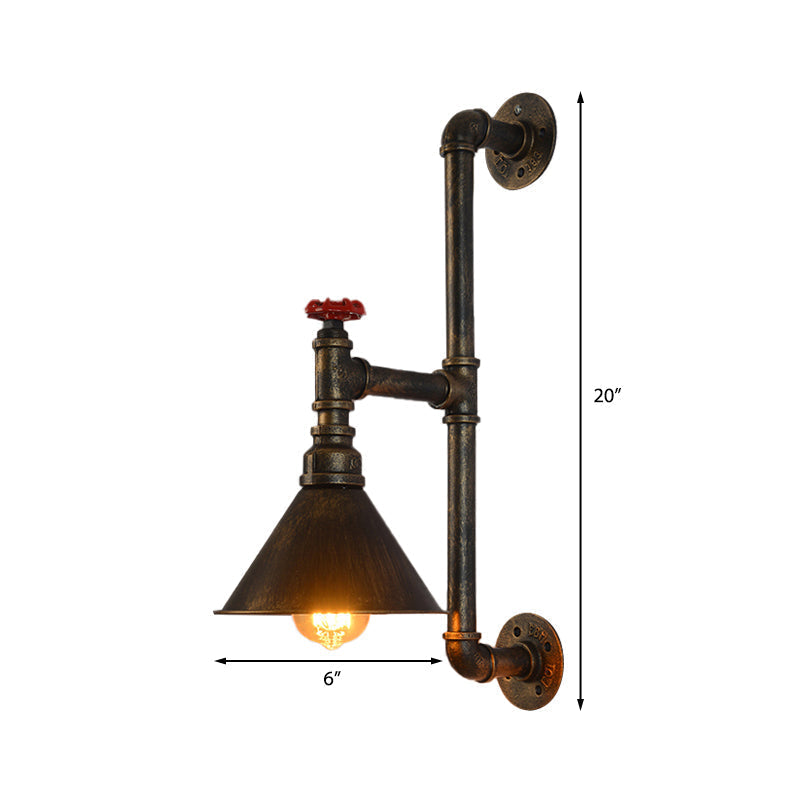 Rustic Industrial Plumbing Pipe Wall Lamp With Valve Decoration - 1 Light Metal Lighting In