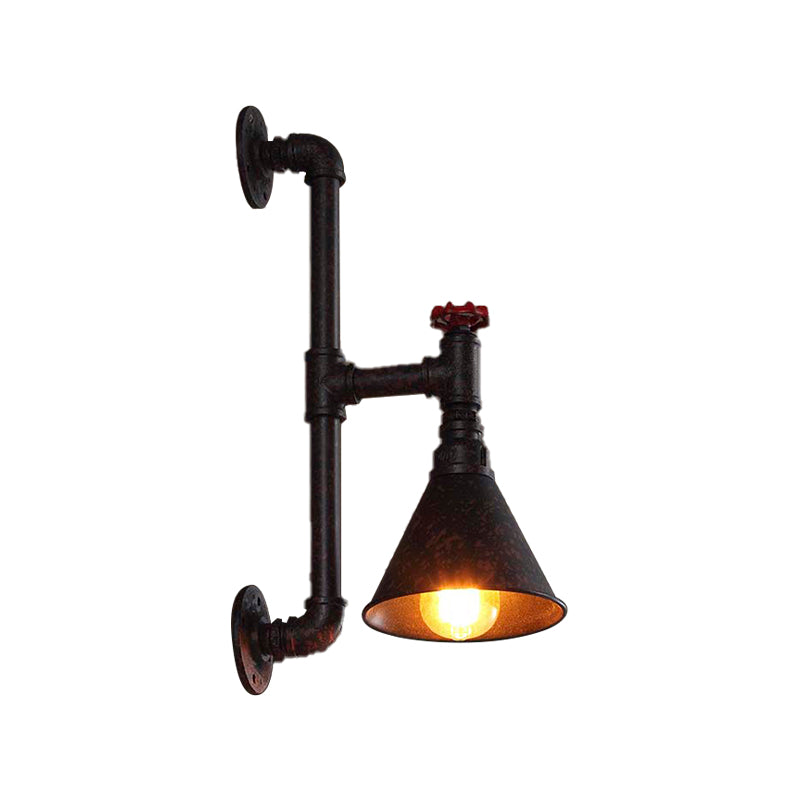 Rustic Industrial Plumbing Pipe Wall Lamp With Valve Decoration - 1 Light Metal Lighting In