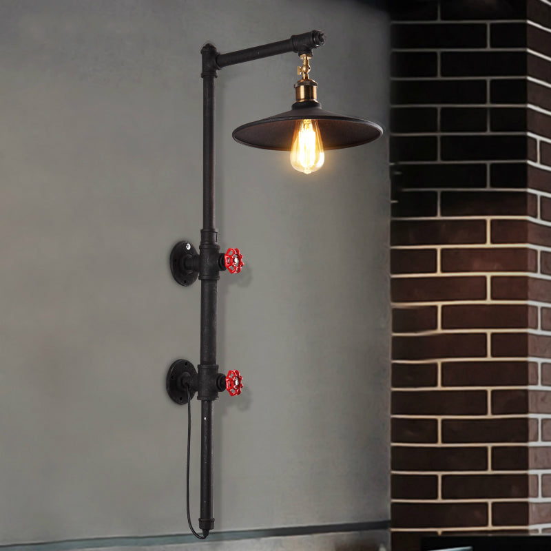 Industrial Style Flat Wall Sconce: 1-Light Black Metallic Pipe And Angle Arm Lamp