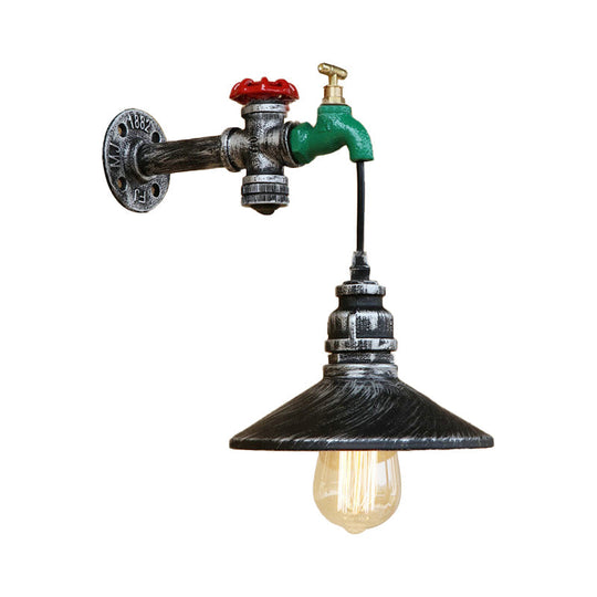 Steampunk Faucet Wall Light With Conic Shade - Aged Silver Finish