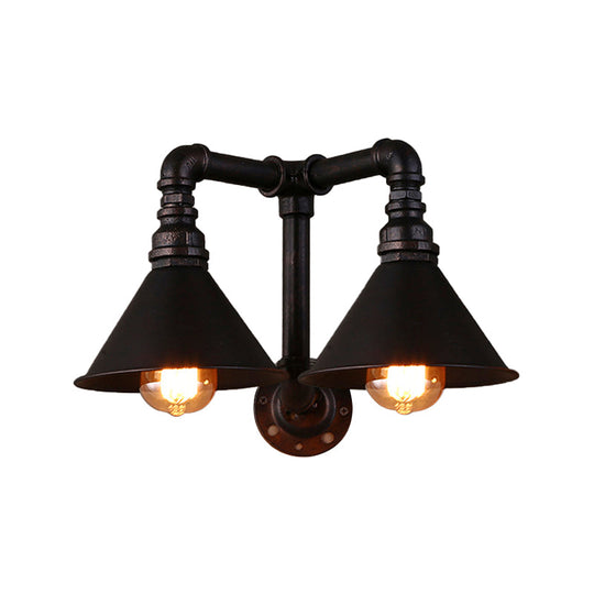 Vintage Cone Wall Lamp - 2-Light Metallic Sconce In Black 14.5/18.5 Width