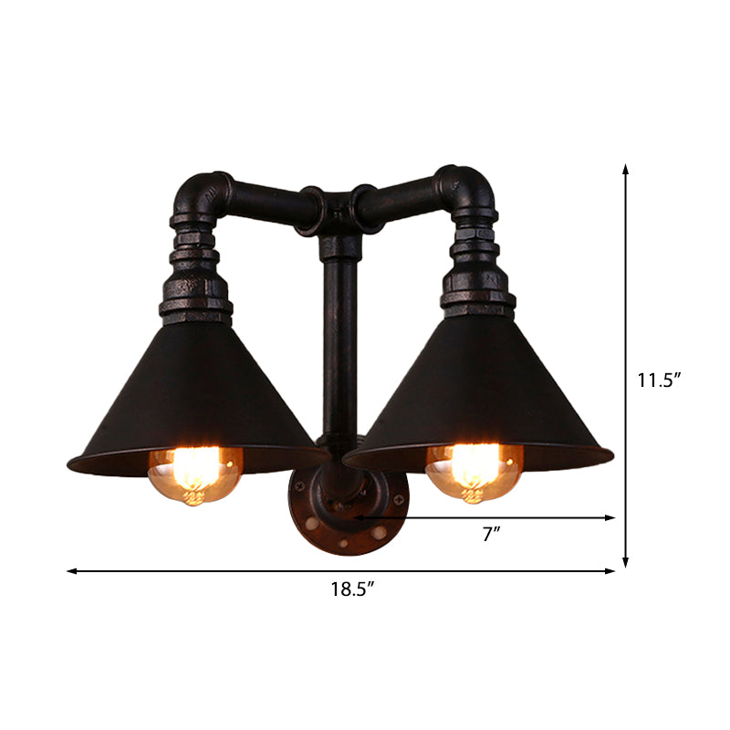 Vintage Cone Wall Lamp - 2-Light Metallic Sconce In Black 14.5/18.5 Width