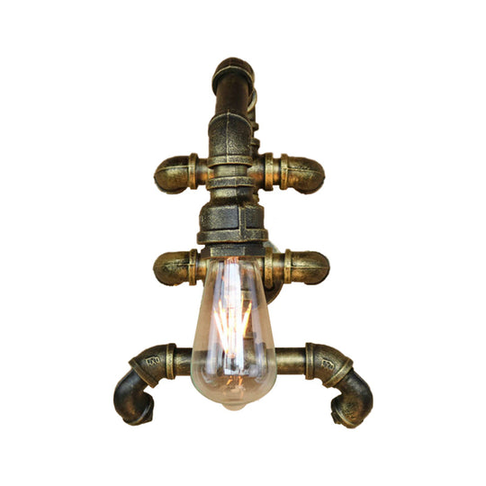 Steampunk Iron 1-Light Antique Brass Sconce With Curved Pipe Expose Bulb Bathroom Wall Lighting