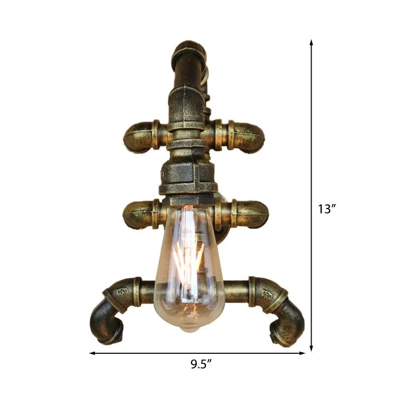 Steampunk Iron 1-Light Antique Brass Sconce With Curved Pipe Expose Bulb Bathroom Wall Lighting