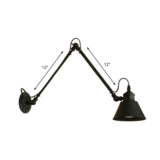 Swing Arm Retro Style Wall Lamp For Study Room - Conic Mount Fixture Black/Chrome Metal Design