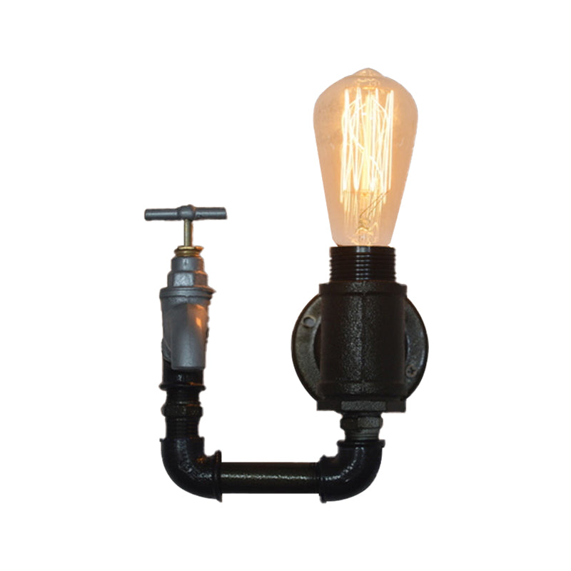 Industrial Metal Wall Sconce With Gauge/Faucet Decoration - Black 1-Light Mini Lighting For Living