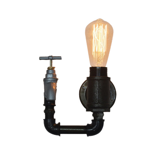 Industrial Metal Wall Sconce With Gauge/Faucet Decoration - Black 1-Light Mini Lighting For Living