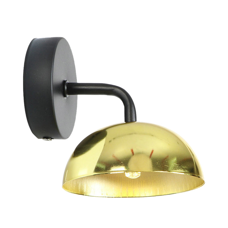 Industrial Dome Shade Metal Wall Sconce - 1 Light Downlight With Curved Arm Black/Brass Finish For