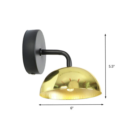 Industrial Dome Shade Metal Wall Sconce - 1 Light Downlight With Curved Arm Black/Brass Finish For