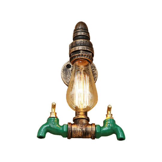 Vintage Metal Wall Lighting Fixture With Double Faucet And Aged Brass Pipe For Living Room