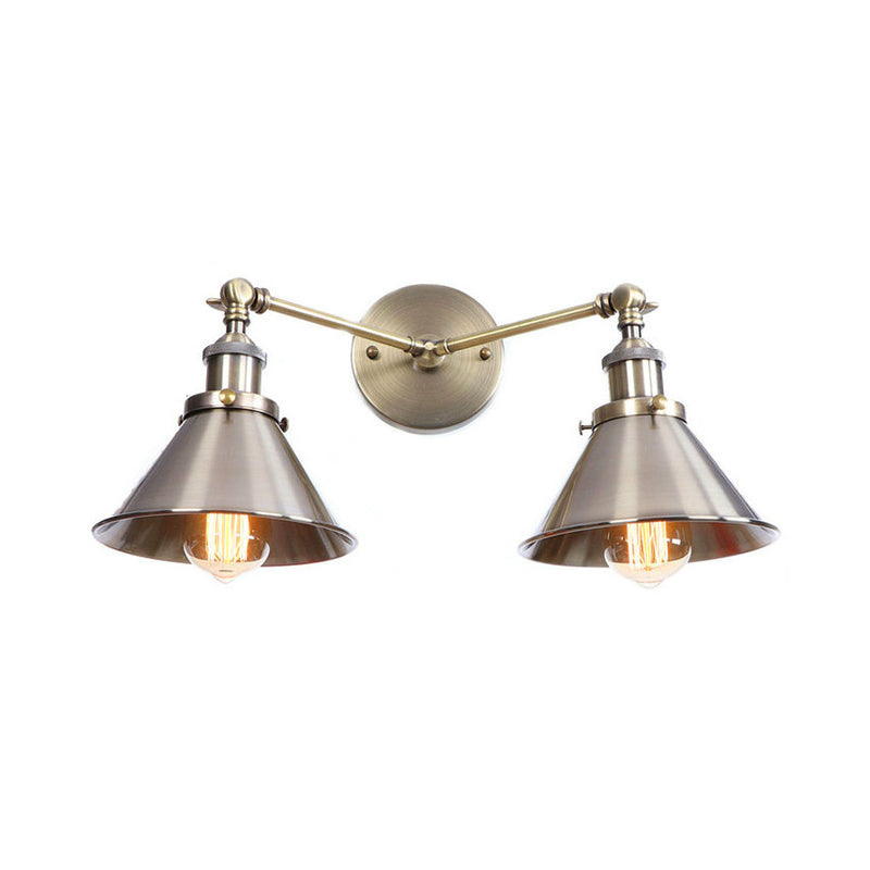 Industrial Vintage 2-Head Farmhouse Wall Mount Light In Black/Brass - Tapered Shade Iron Fixture