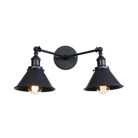 Industrial Vintage 2-Head Farmhouse Wall Mount Light In Black/Brass - Tapered Shade Iron Fixture