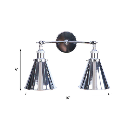 Retro-Style Iron 2-Light Polished Chrome Conic Wall Mount Fixture For Dining Room Lighting