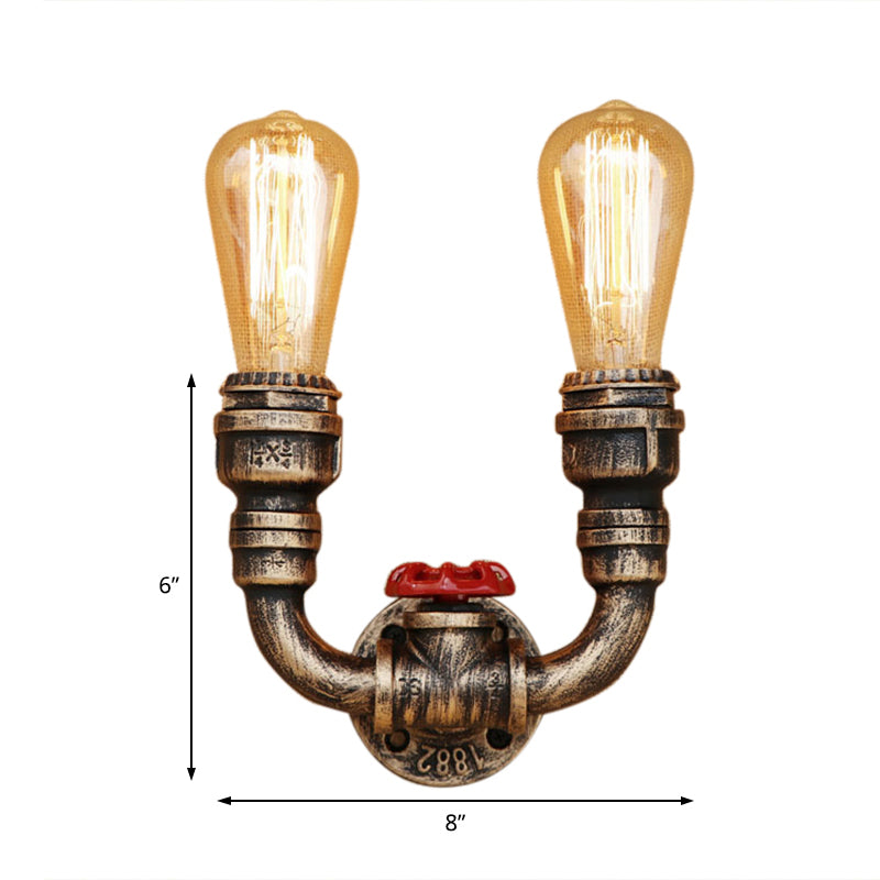 2-Head Wall Lighting In Warehouse Style: U-Shaped Wrought Iron Sconce With Aged Brass Pipe Fixture