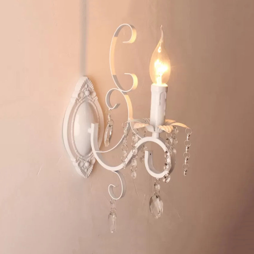 Stylish White Wall Lamp With Clear Crystal For Lodge - Candle Shape Metal Light 1 /