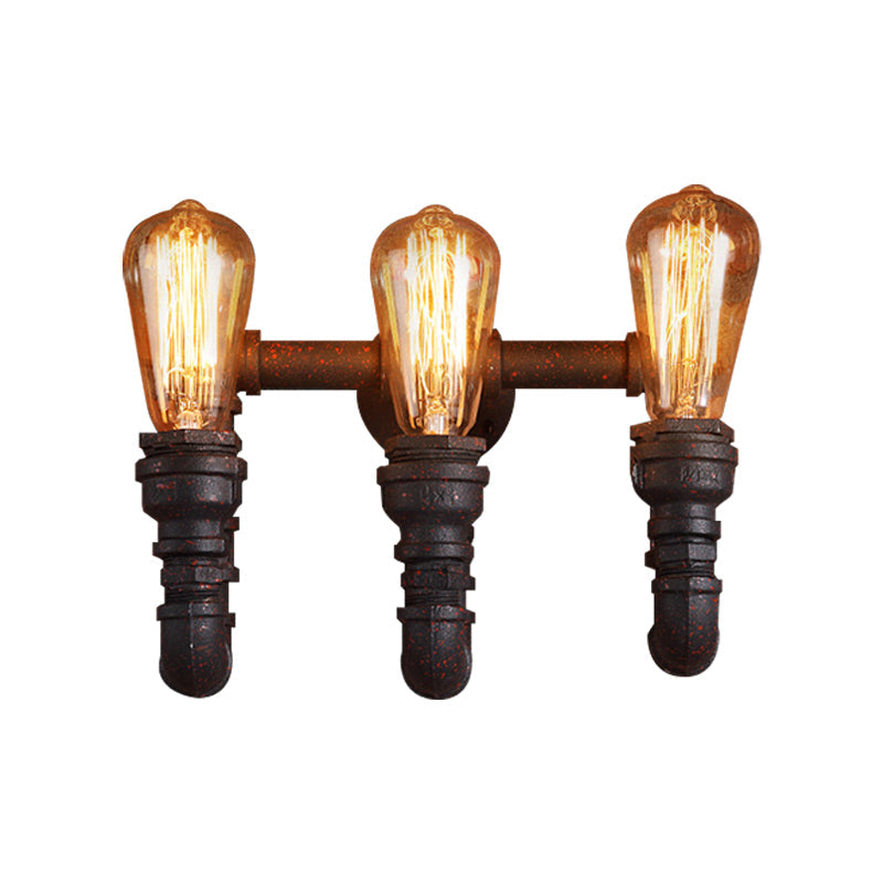 Vintage Style Rust Water Pipe Wall Sconce Light With Exposed Bulb - 3 Lights Iron Lamp