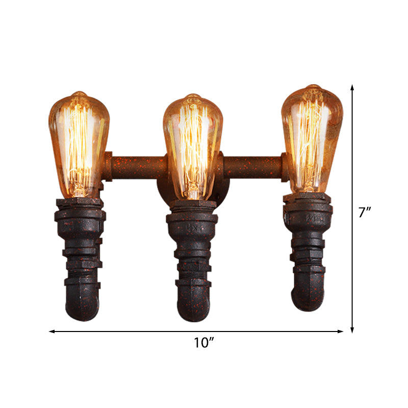 Vintage Style Rust Water Pipe Wall Sconce Light With Exposed Bulb - 3 Lights Iron Lamp