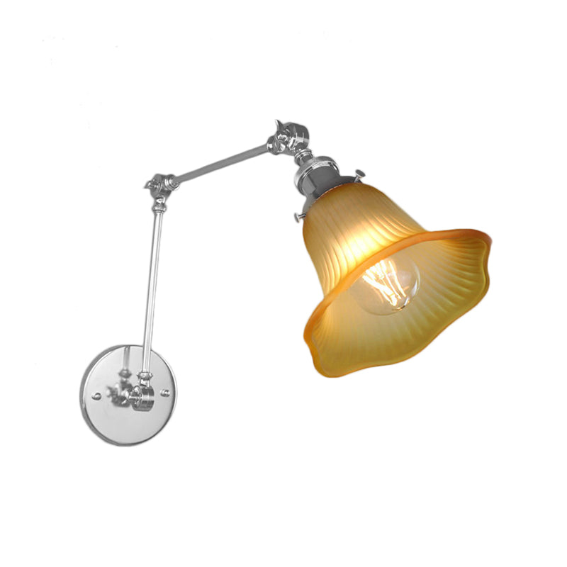 Industrial Chrome Amber Textured Glass Wall Lamp For Bedroom - 1 Light Flared Sconce Fixture

Note: