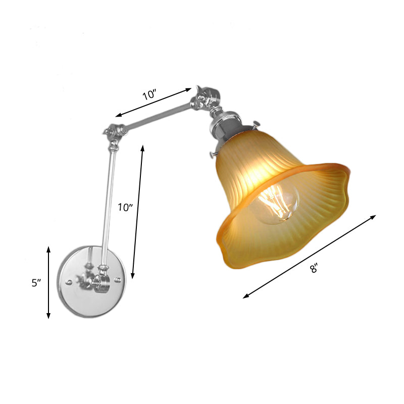 Industrial Chrome Amber Textured Glass Wall Lamp For Bedroom - 1 Light Flared Sconce Fixture

Note: