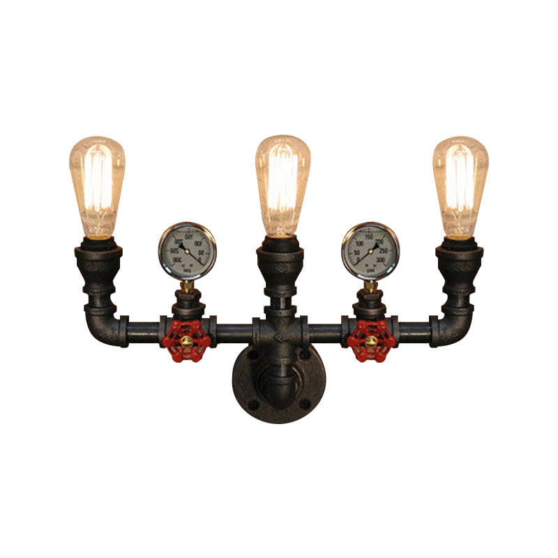 Steampunk Restaurant Wall Lighting In Black: 2/3-Lights Mount With Metal Pipe And Gauge