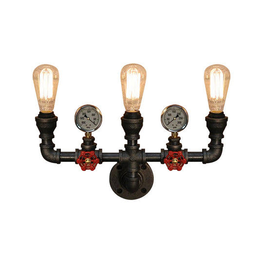 Steampunk Restaurant Wall Lighting In Black: 2/3-Lights Mount With Metal Pipe And Gauge