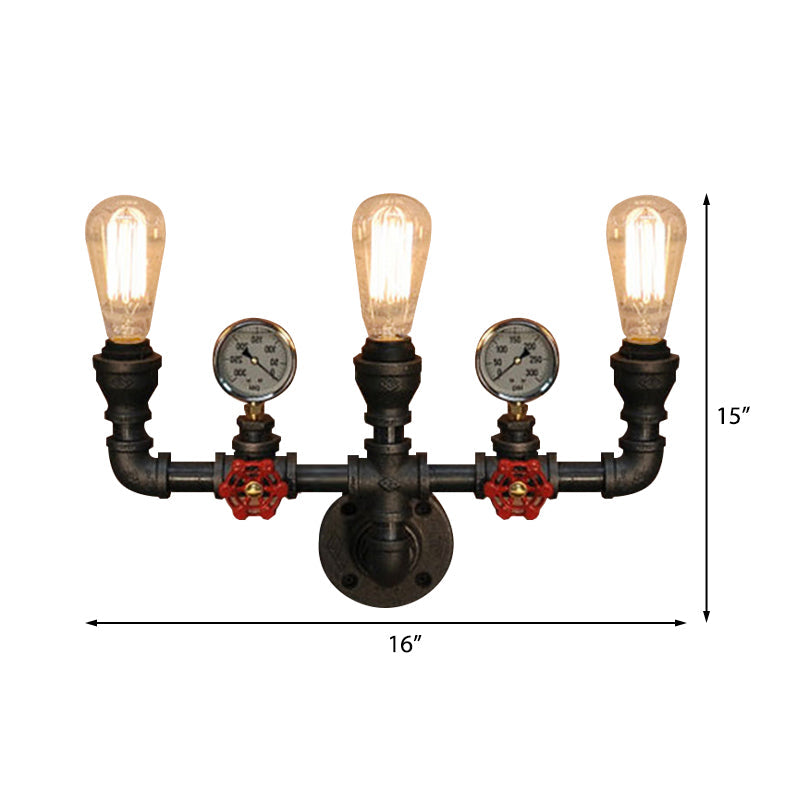 Steampunk Restaurant Wall Lighting In Black: 2/3-Lights Mount With Metal Pipe And Gauge