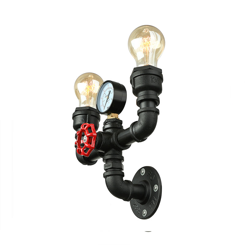 Steampunk Restaurant Wall Lighting In Black: 2/3-Lights Mount With Metal Pipe And Gauge