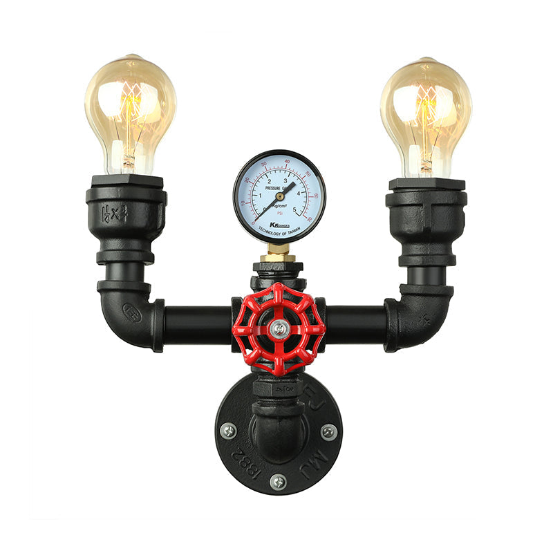 Steampunk Restaurant Wall Lighting In Black: 2/3-Lights Mount With Metal Pipe And Gauge