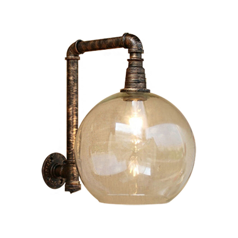 Globe Stairway Wall Lamp - Industrial Clear Glass 1 Light Aged Brass Mount With Angle Pipe 8/10