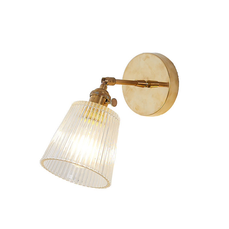 Clear Ribbed Glass Wall Sconce Light - Industrial Brass Cone Fixture For Living Room Lighting 1