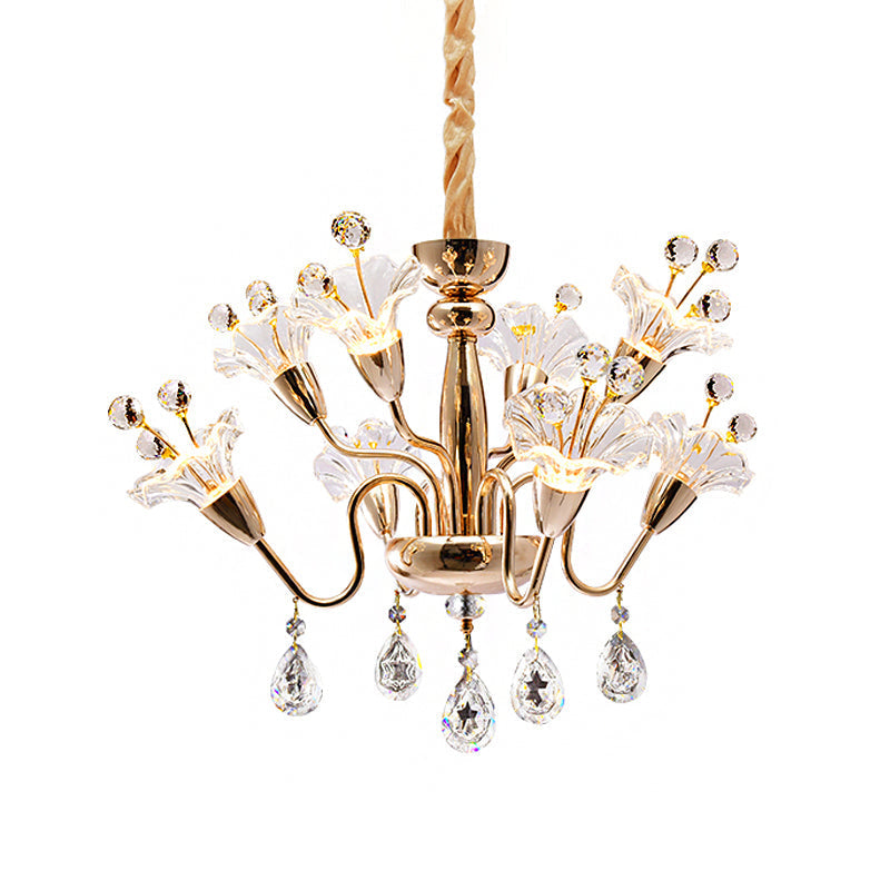 Modern Clear Crystal Blossom Ceiling Light - 8-Head Gold Chandelier With Curvy Arms