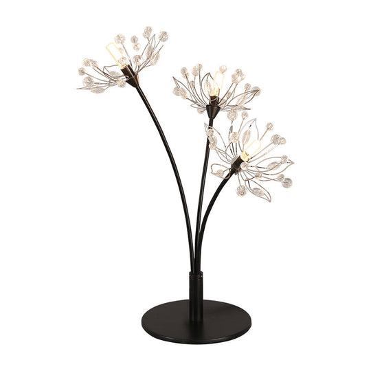 Modern Hand-Cut Crystal Desk Lamp Black Blossom Nightstand Light With 3 Heads