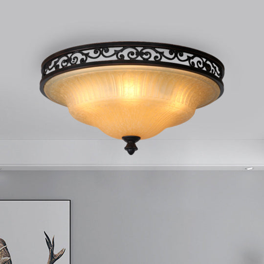 Fluted Glass LED Ceiling Light with Black Cover Lid, Traditional Style for Dining Hall - 16.5"/21" Width