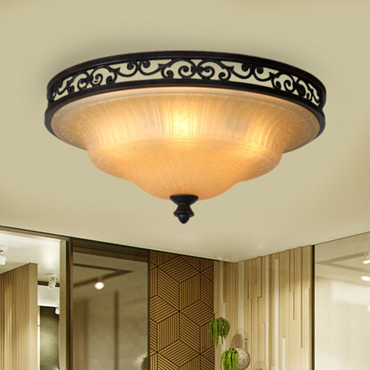 Fluted Glass LED Ceiling Light with Black Cover Lid, Traditional Style for Dining Hall - 16.5"/21" Width