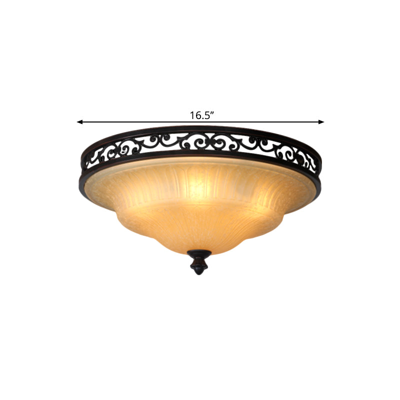 Fluted Glass LED Ceiling Light with Black Cover Lid, Traditional Style for Dining Hall - 16.5"/21" Width