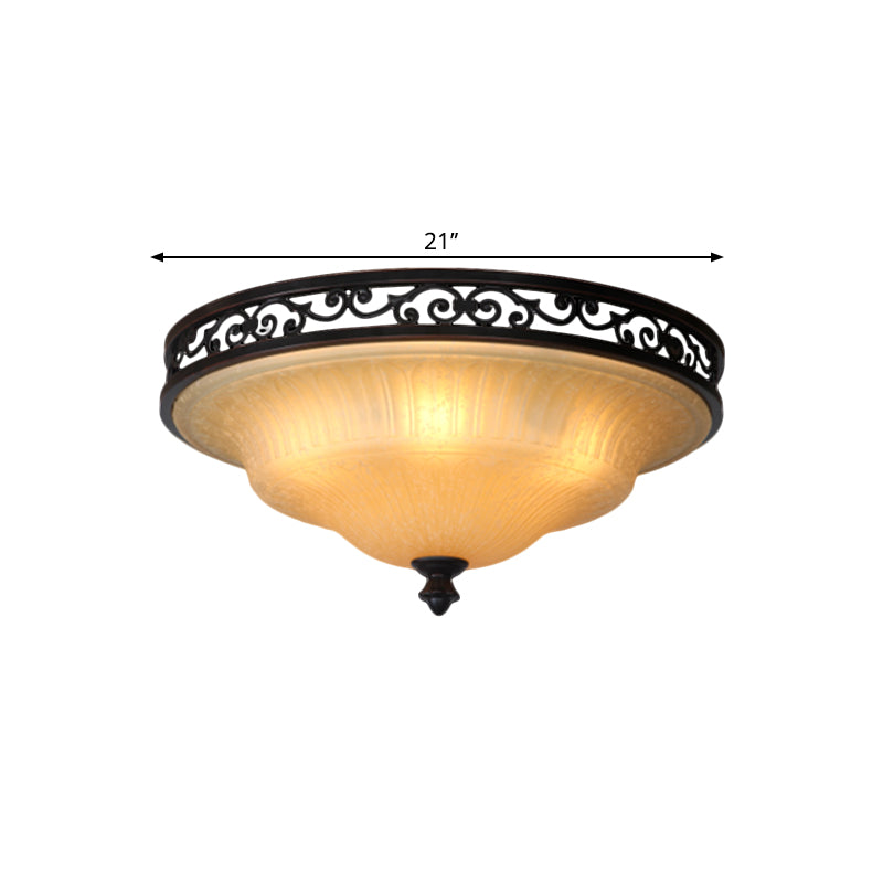 Fluted Glass LED Ceiling Light with Black Cover Lid, Traditional Style for Dining Hall - 16.5"/21" Width