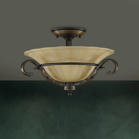 3-Light Countryside Bronze Flush Lamp With Ribbed Opal Glass For Corridors