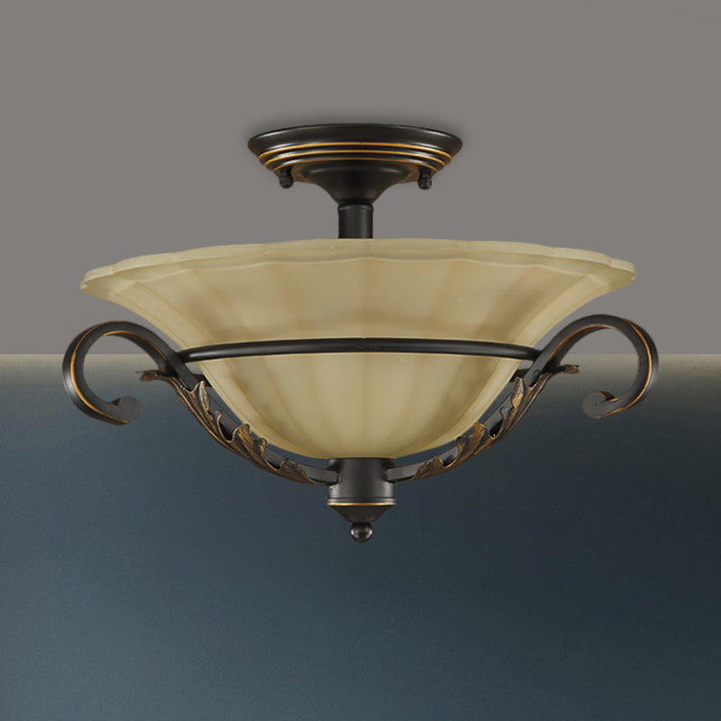 3-Light Countryside Bronze Flush Lamp With Ribbed Opal Glass For Corridors