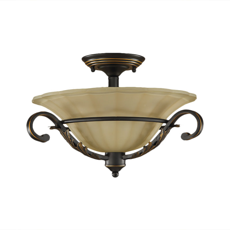 Bronze Bell Shaped Flush Lamp with Ribbed Opal Glass – 3-Head Corridor Ceiling Light