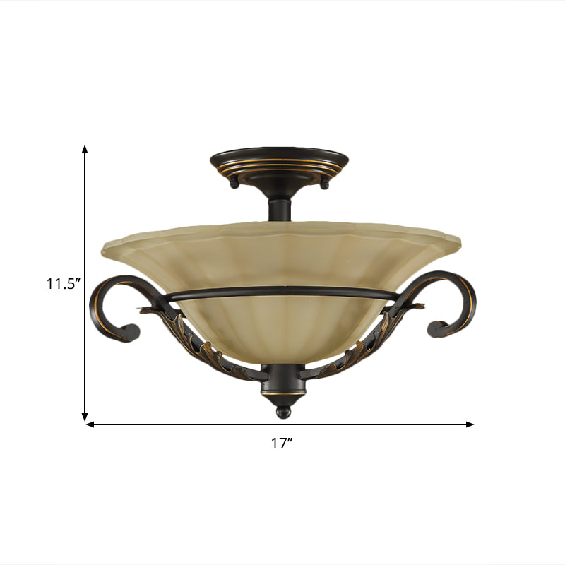 Bronze Bell Shaped Flush Lamp with Ribbed Opal Glass – 3-Head Corridor Ceiling Light