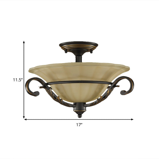 Bronze Bell Shaped Flush Lamp with Ribbed Opal Glass – 3-Head Corridor Ceiling Light