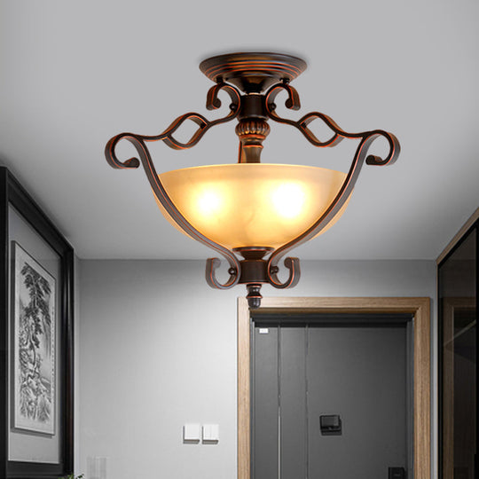 Rustic Led Bedroom Flush Mount Light In Frosted Glass Bowl Bronze Finish