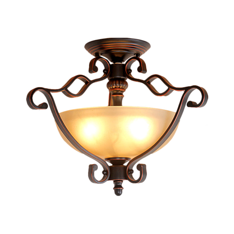 Frosted Glass Rustic Semi Flush LED Bedroom Light in Bronze