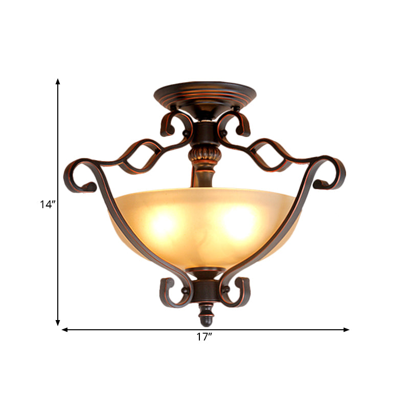 Frosted Glass Rustic Semi Flush LED Bedroom Light in Bronze