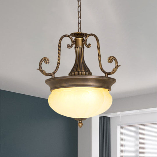 Antiqued Led Opal Glass Pendant Light With Brass Scroll Arm - Ideal For Corridor