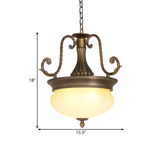 Antiqued Led Opal Glass Pendant Light With Brass Scroll Arm - Ideal For Corridor