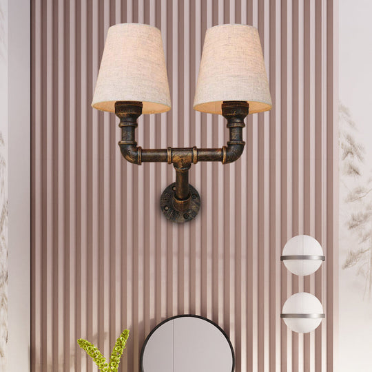 Industrial Fabric Cone Wall Sconce With Pipe Design - 1/2-Bulb Living Room Lighting In Bronze