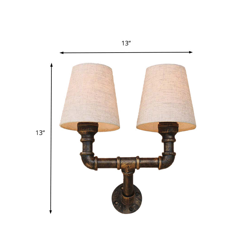 Industrial Fabric Cone Wall Sconce With Pipe Design - 1/2-Bulb Living Room Lighting In Bronze