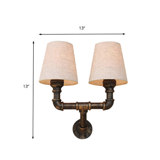 Industrial Fabric Cone Wall Sconce With Pipe Design - 1/2-Bulb Living Room Lighting In Bronze